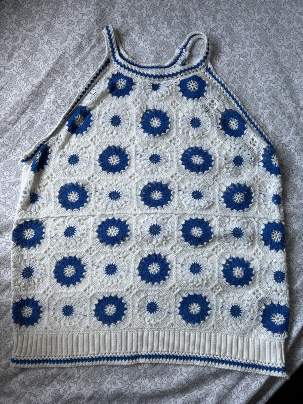 Women's Blue and White Crochet Tank Top